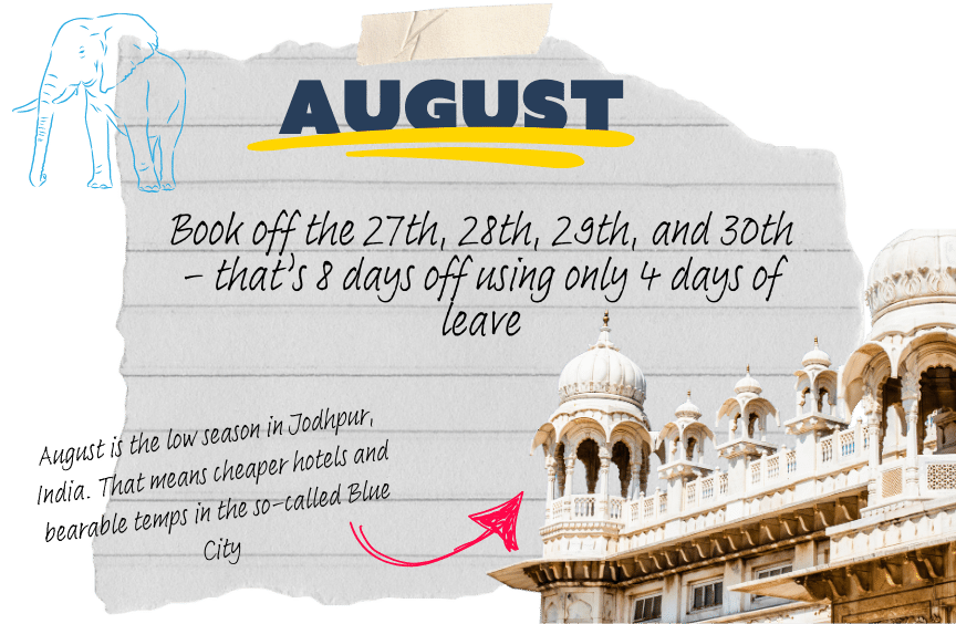 A graphic reads: "Book off the 27th, 28th, 29th, and 30th - that’s 8 days off using only 4 days of leave" with an image of Jaswant Thada in Jodhpur, India.