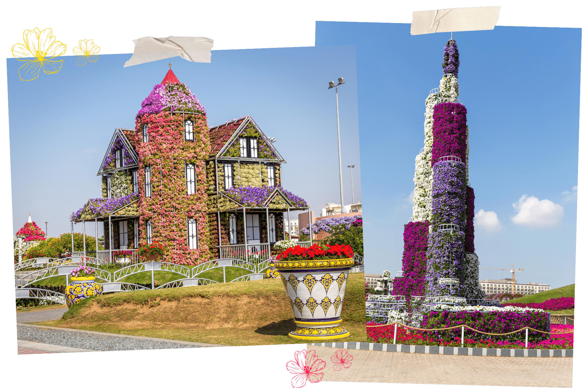 The Dubai Miracle Garden is one of Dubai's hidden gems. Two images, scrapbook style, show two structures built from flowers, one a traditional American home with a wrap-around porch, the other a miniature Burj Khalifa.