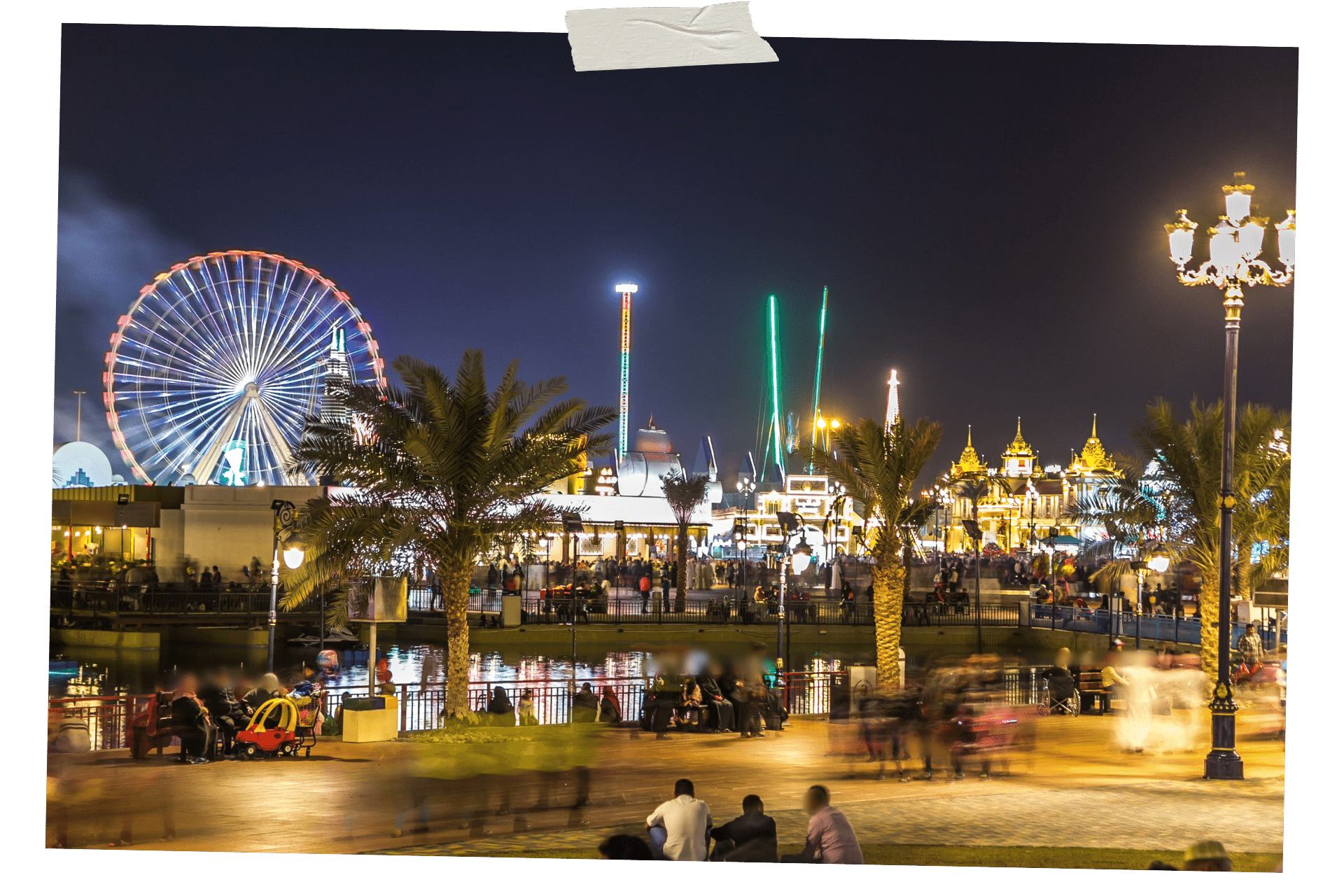 Global Village is one of Dubai's hidden gems. An image, scrapbook style, shows a busy night scene in Dubai, with lights, palm trees, and a Ferris wheel.