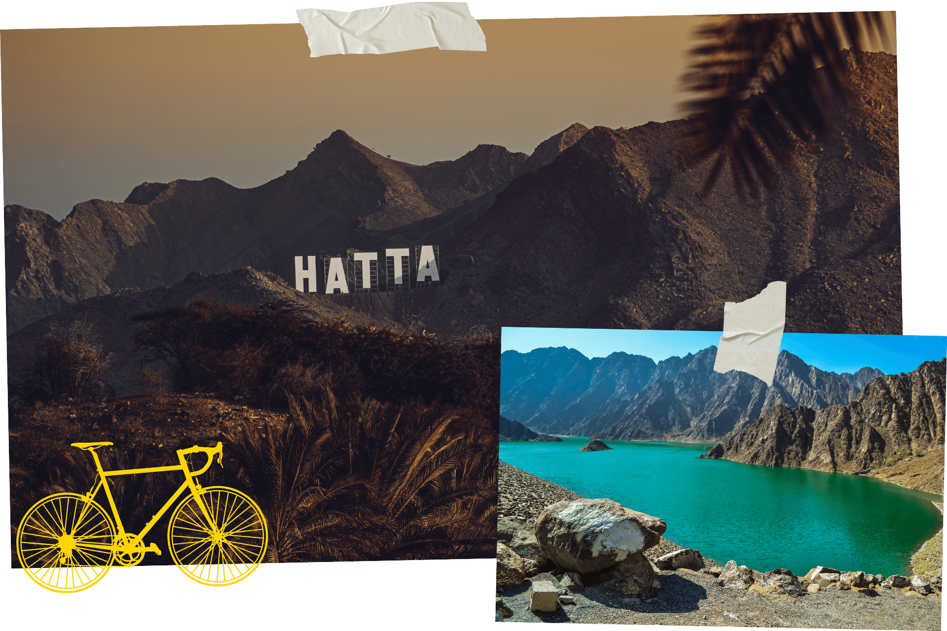 Hatta is one Dubai's hidden gems. Two images, scrapbook style, show both the hills of Hatta and the lake formed by the Hatta Dam.